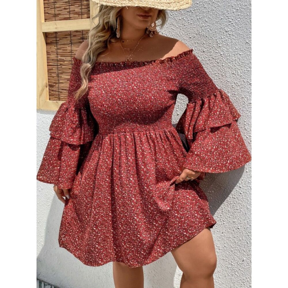 Rusty Red Floral Plus Sz 2XL Smocked Off the Shoulder Tiered Sleeves Dress SHEIN